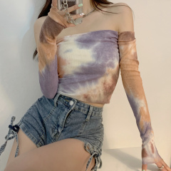 Real shooting and real price Korean off shoulder tie dye exposed navel slim long sleeve slim and versatile print t
