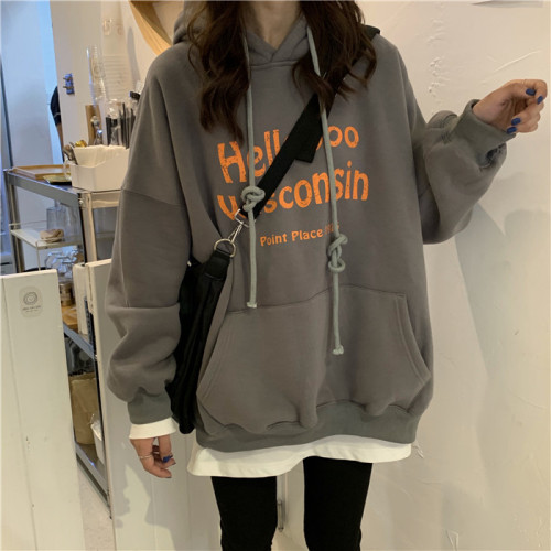 Korean plush and thickened hooded sweater women's loose large super hot student fashion top coat