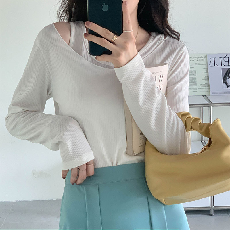 Real shooting autumn and winter ins Korean splicing off shoulder round neck T-Shirt Top bottomed vest
