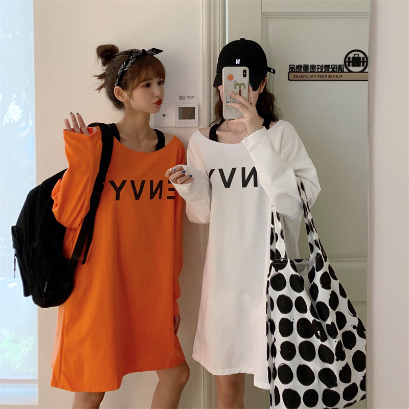 Real shot - Autumn college style loose printed letters overlay two-piece set medium length dress long sleeve T-shirt women