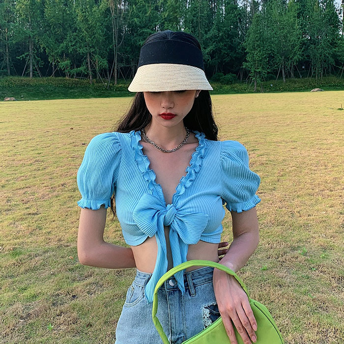 Real auction real price French retro Lantern Sleeve personalized bandage two wearing blouses