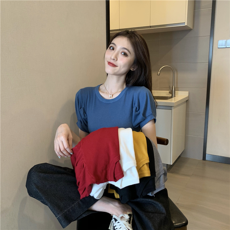 South Korean summer new style foreign style slim knit shirt bubble sleeve top