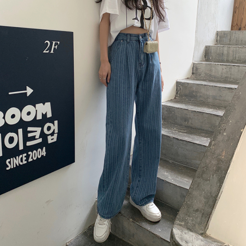 Real price: Autumn 2021 new blue vertical stripe jeans high waist straight tube loose pants