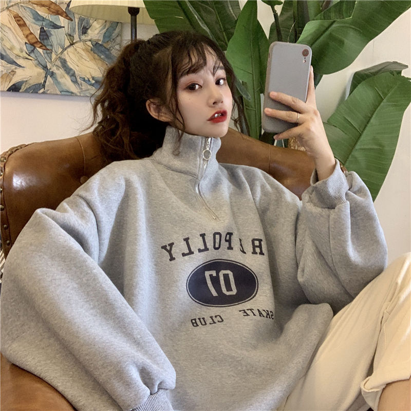 Autumn and winter Korean loose BF versatile zipper stand collar ins Hong Kong Style Plush thickened sweater girl student coat trend