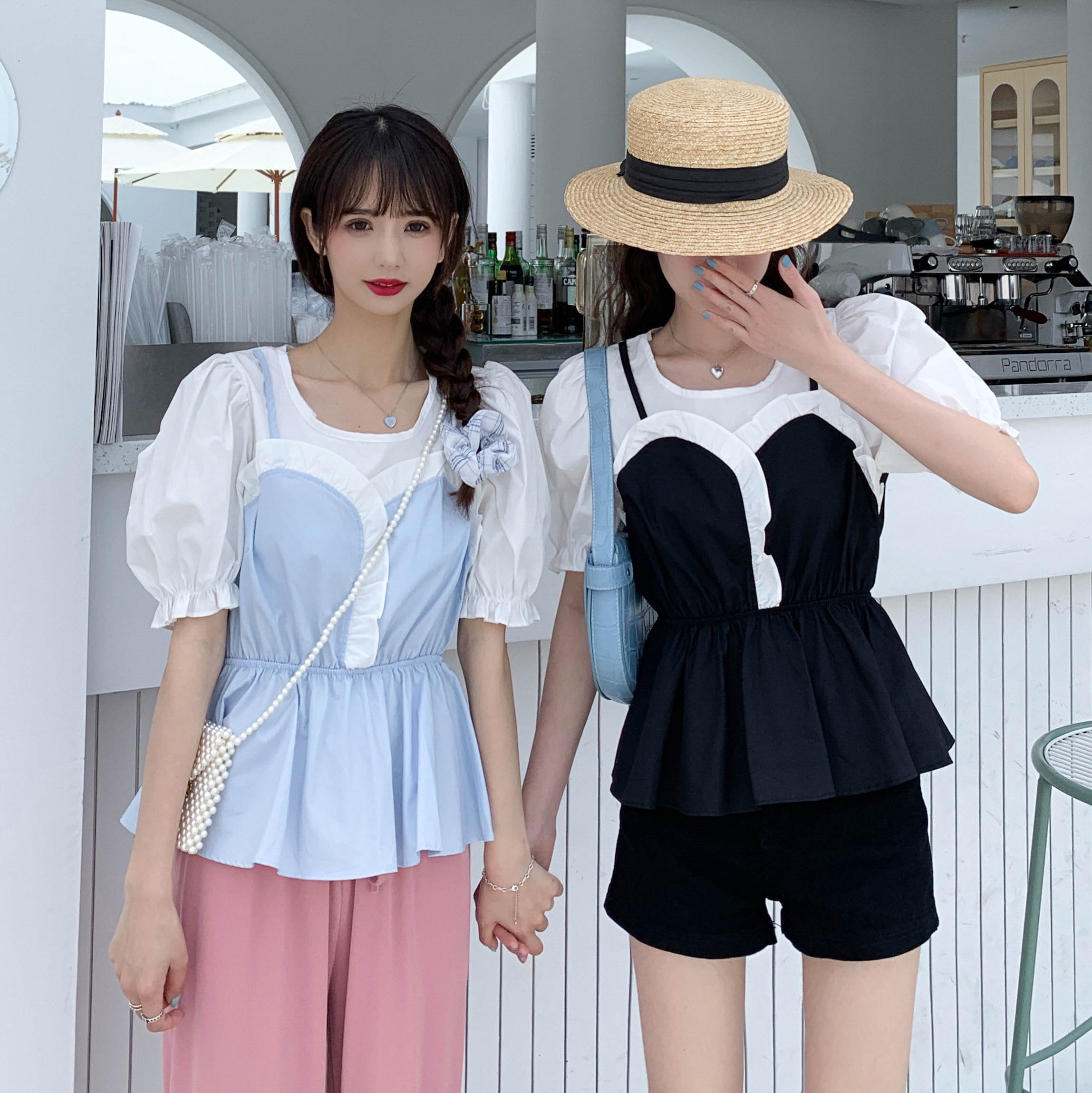 Real shot real price summer new style fake two suspender short sleeve spot color stitching shirt bubble sleeve close waist short top