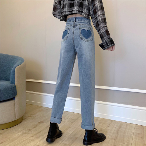 Real shooting real price love jeans 2021 new loose high waist slim and versatile wide leg straight pants