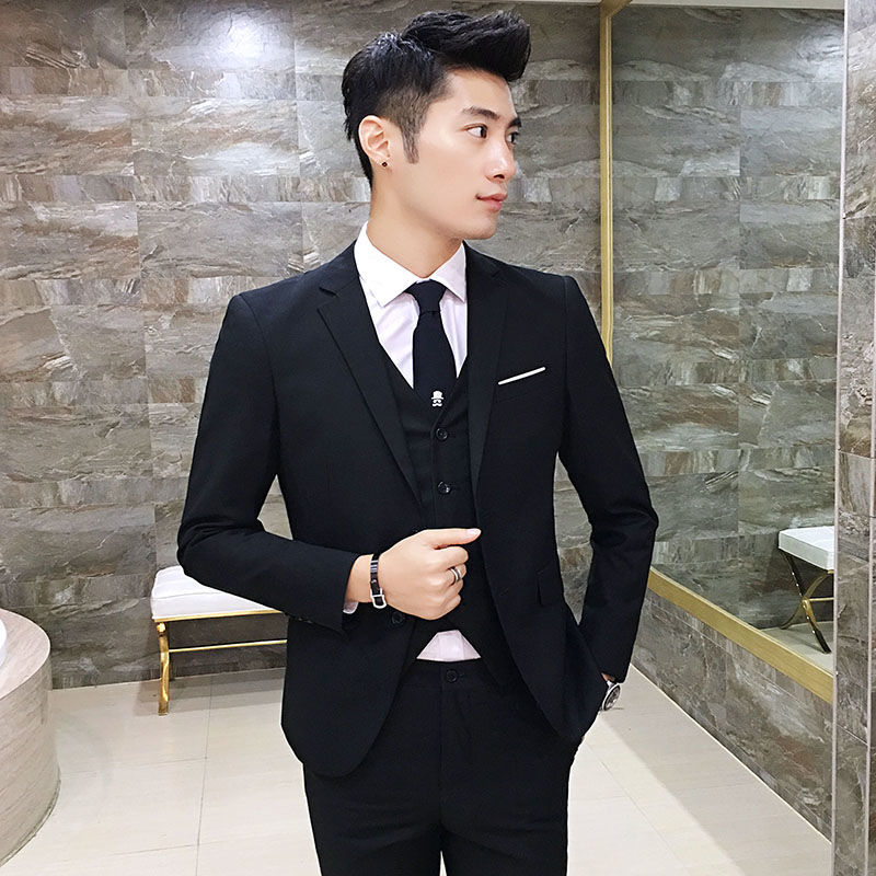 Suit men's trend handsome three piece suit men's formal casual Korean slim wedding suit men's formal