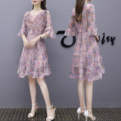 Large women's 2019 summer new 200jin fat younger sister's age reducing belly covering Chiffon Fairy Dress