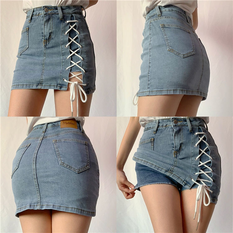 Summer style bandage hip skirt high waist half length denim skirt women's light proof sexy thin shorts skirt shows leg length