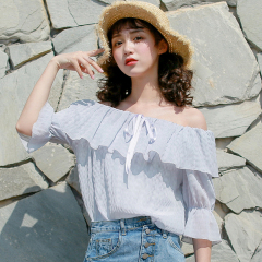 Real summer new sweet cool simple one line collar shirt lace up Chiffon Top girl