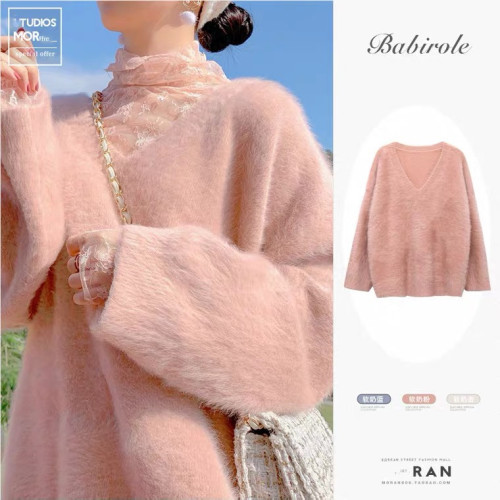 Mink V-neck Pullover Pink Retro Japanese autumn winter super fairy gentle wind loose lazy female mohair