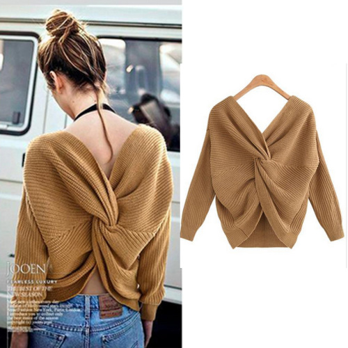 V-neck backless sweater with irregular cross knot on the back. Wear it on both sides
