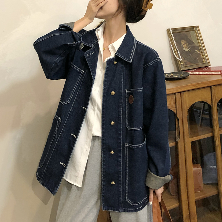 Real shot real price Korean retro ins versatile loose medium length denim jacket