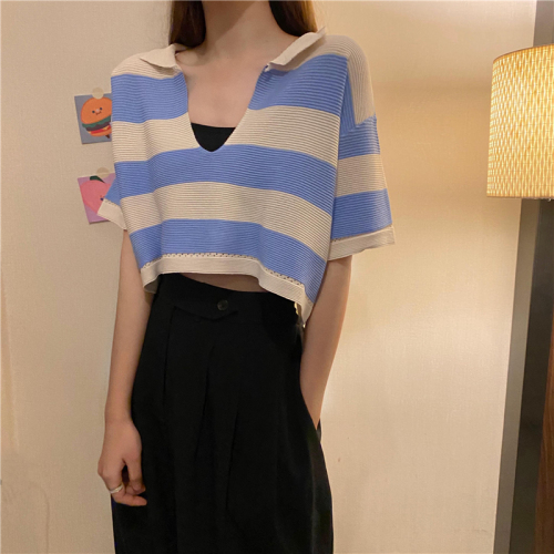 Contrast stripe V-neck short sleeve Pullover loose, wear foreign style small short T-shirt