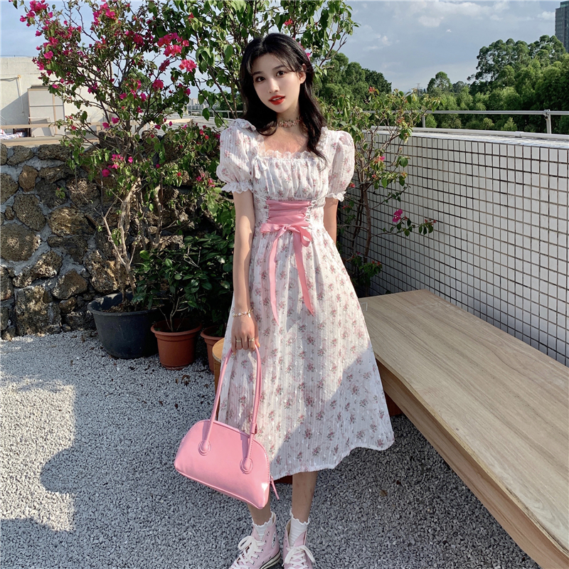 French sweet first love dress women's design feeling contrast color bow waist floral skirt