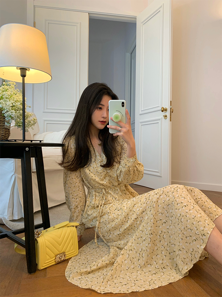 Fashion gentle air collar long sleeve thin medium long skirt Mori sweet lace up floral Fairy Dress