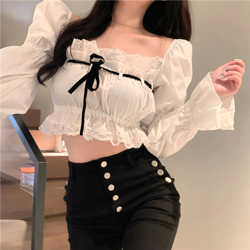Real price straight shoulder lace stitching short long sleeve shirt + double breasted decorative stitching versatile pants