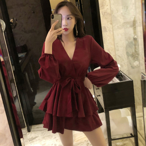 Autumn new women's loose high waist cross V-Neck long sleeve bandage dress solid color thin A-line shorts skirt
