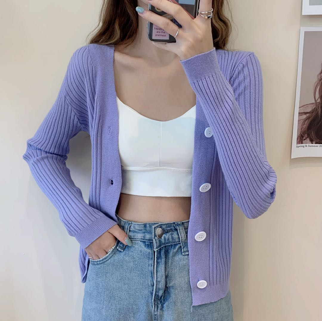 Real shot real price Korean version versatile V-neck pit stripe T-shirt short cardigan sweater top woman