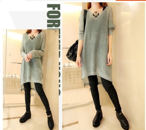 Korean loose Pullover hollowed out sweater women's spring and autumn middle long blouse with short front and long back net