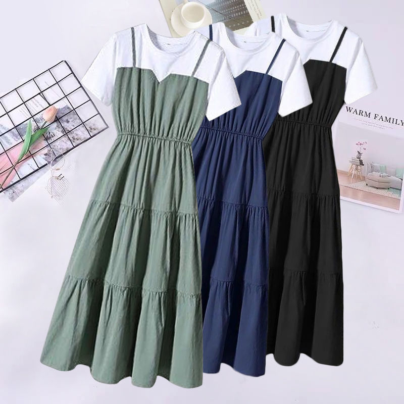 Big size women's fashion suspender fake two long skirts summer fat sister slim waist Short Sleeve Dress