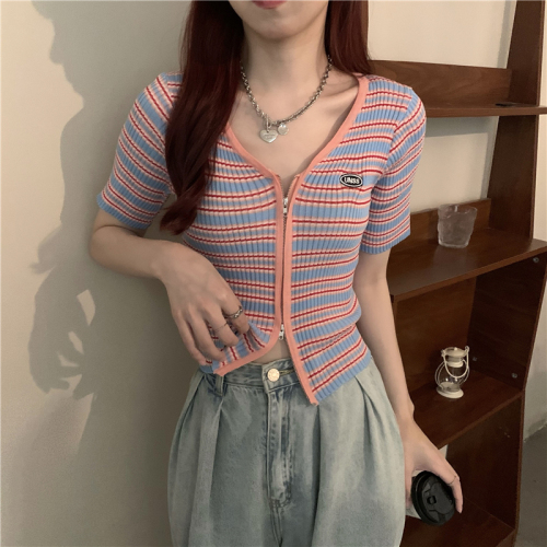Real price striped short sleeve zipper cardigan Korean version thin V-neck contrast hot girl coat summer