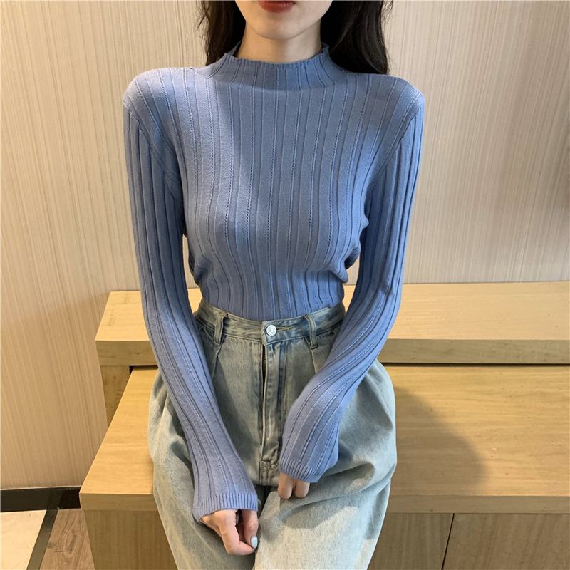 Real shot real price autumn and winter Korean version new slim fit half high collar pit stripe long sleeve T-shirt with underlay