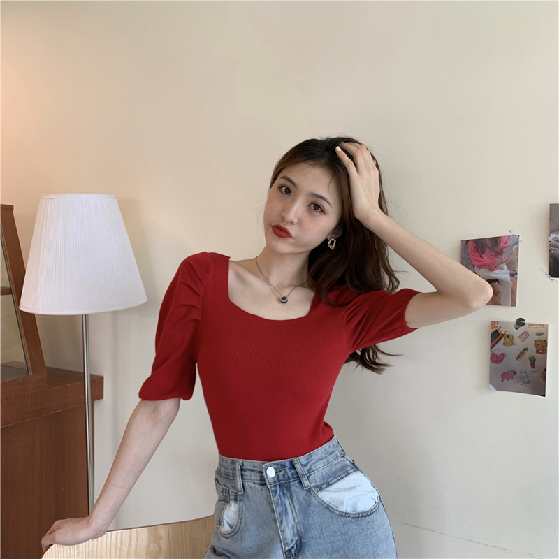 Real photo, real price, retro, thin square collar, open collar, short sleeve knitted shirt with collarbone