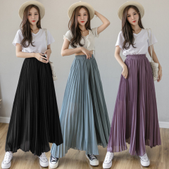 Real shot summer loose Pleated Chiffon wide leg pants women's Capris high waist drop straight skirt pants