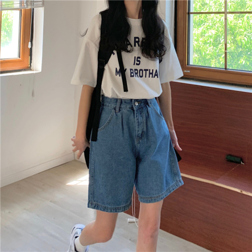 Real price high waist retro denim shorts women's loose summer Korean straight pants