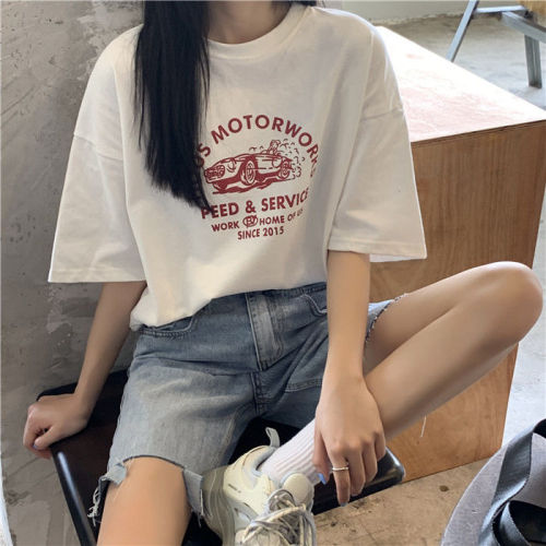 2021 summer new Korean printed round neck cotton short sleeve T-shirt fashionable white loose short top women's fashion