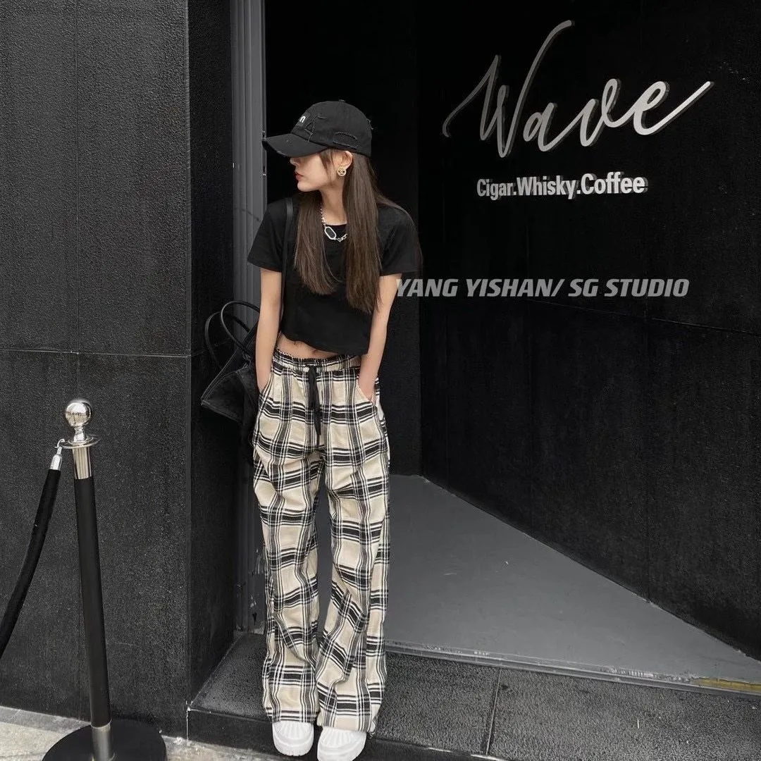 Korean spring and summer new apricot retro contrast Plaid elastic high waist high casual pants