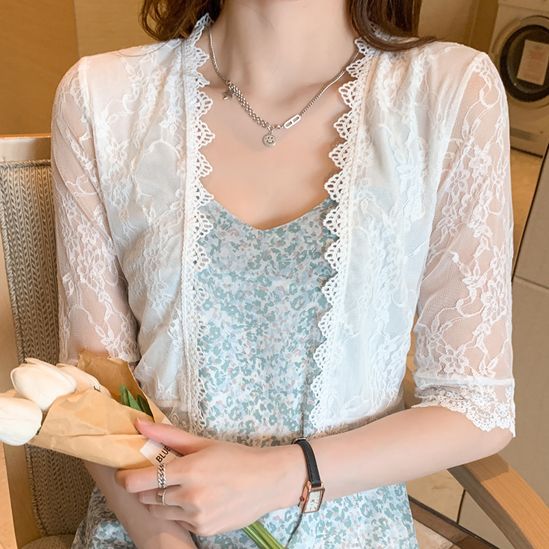 Korean Summer Dresses, 2018 Summer Women's Clothes, Short Slim Canvassed Sunscreen Shirt, Lace Baituan Open Shirt, Small Shawl