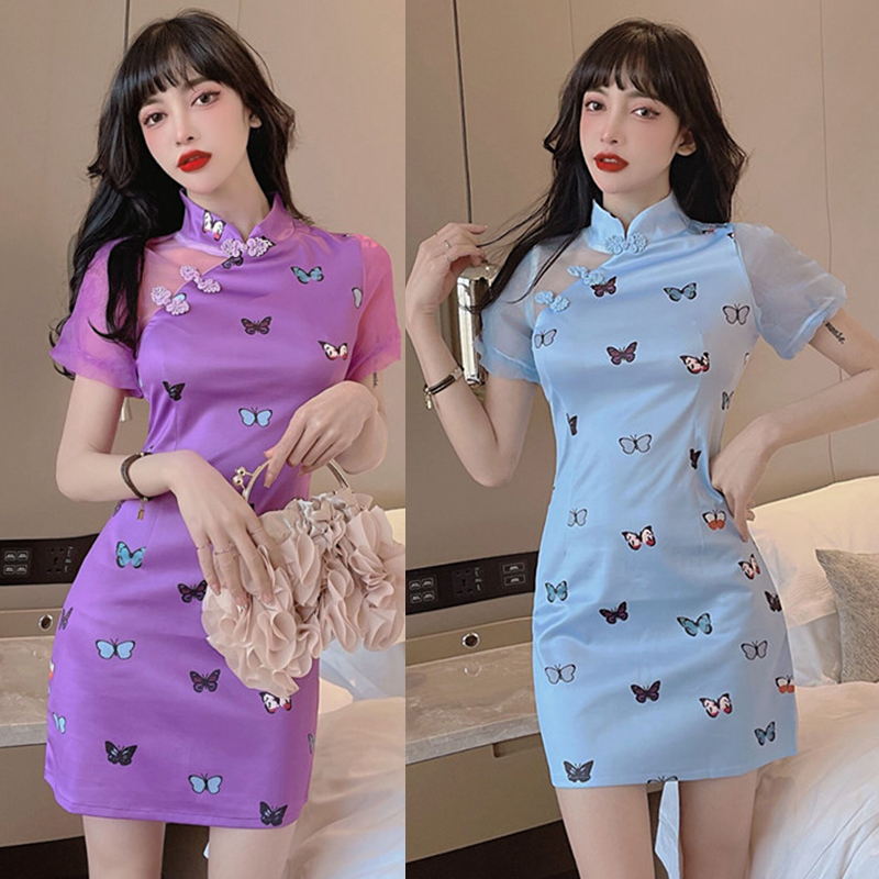 Real shot sexy fashion hollow out short sleeve nightclub retro daily improved cheongsam dress