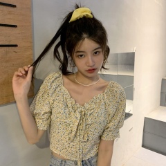 Real price Floral Chiffon shirt one shoulder short sleeve bubble sleeve bandage design top