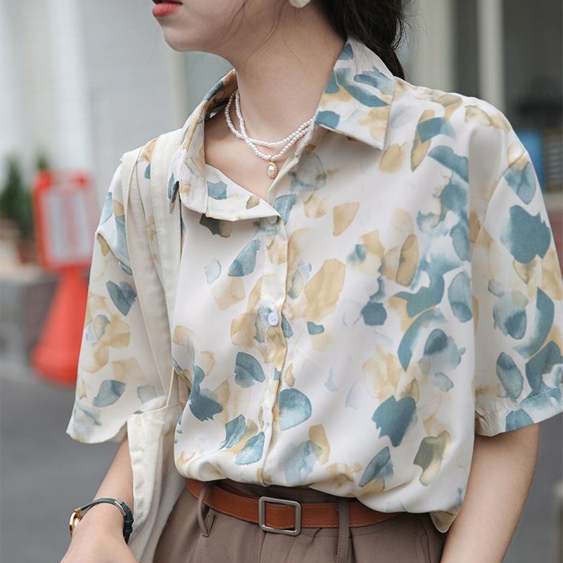 Hong Kong Style printed shirt women's summer thin short sleeve retro top wear holiday style casual loose shirt