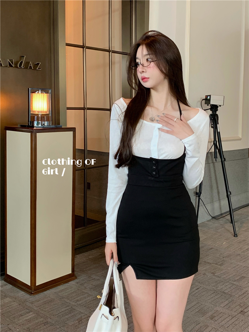 Real price suspender neck dress short skirt + single breasted short long sleeve T-shirt