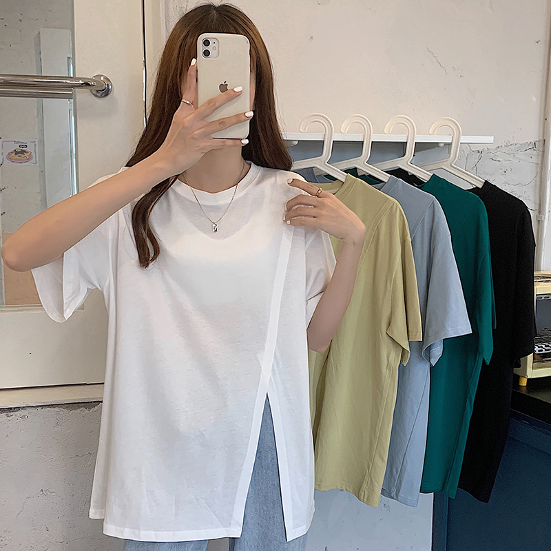 Cotton solid foundation loose and slim versatile side split short sleeve T-shirt for women