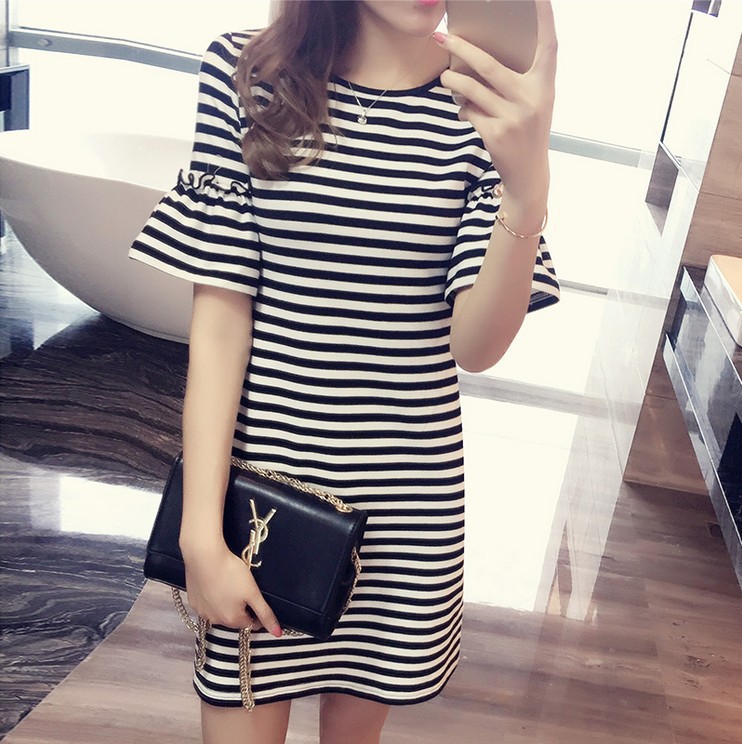 777 ᦇ summer striped dress women's wear Korean slim slim trumpet sleeve short sleeve T-shirt women's mid long fashion