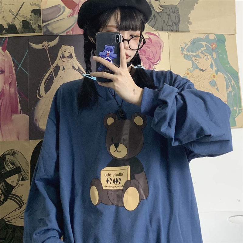 2021 autumn and winter new Korean ins Cartoon Bear print versatile loose round neck long sleeve women's sweater