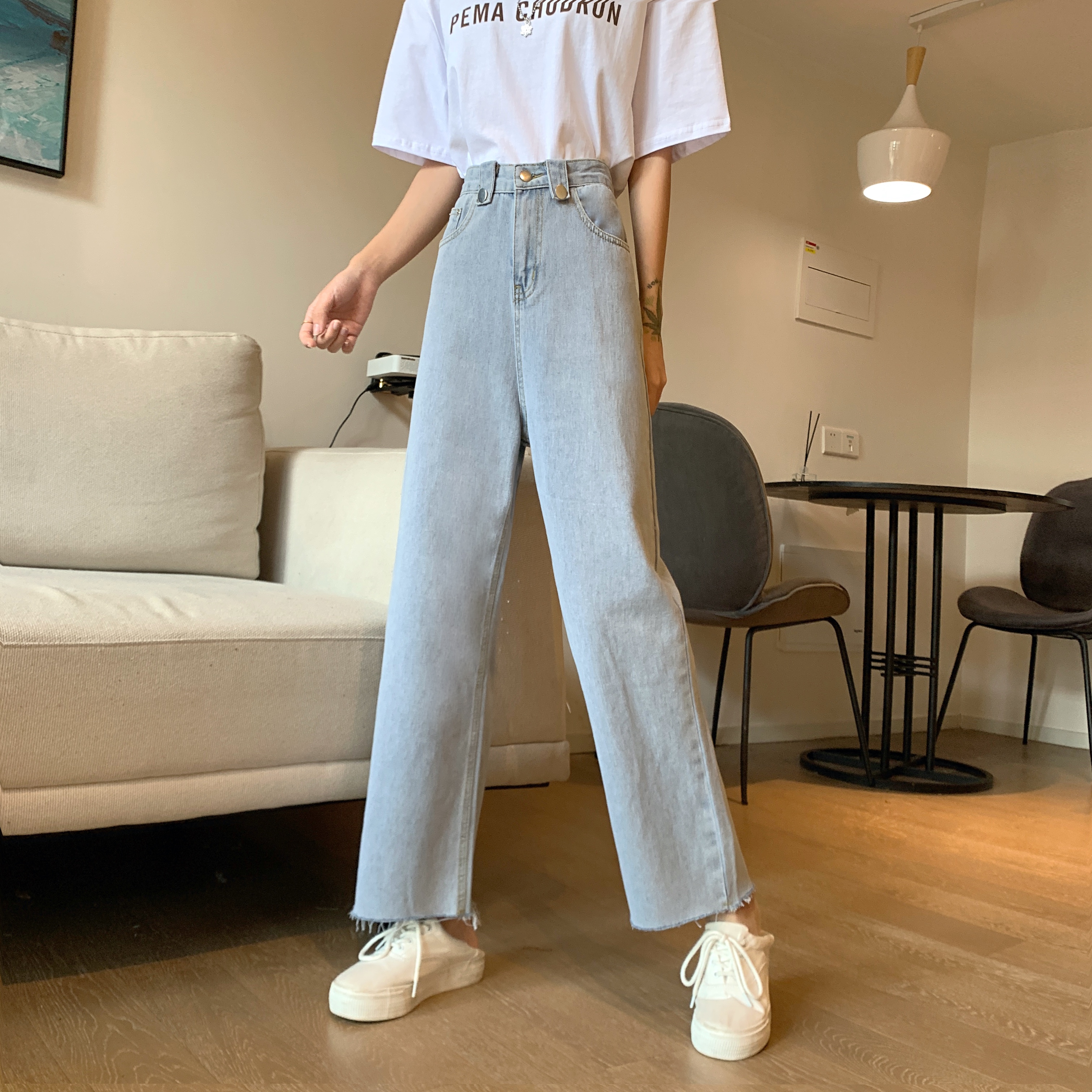 Real shot of 2020 summer retro Hong Kong Style sagging wide leg jeans women's high waisted slim loose straight pants