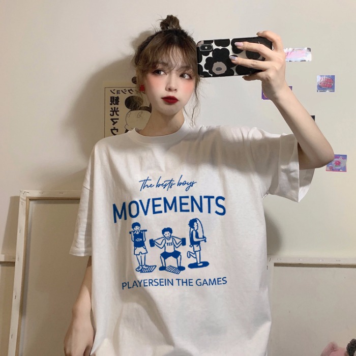 Milk short sleeve T-shirt women's Korean loose letter print age reduced medium length versatile round neck Pullover large size top