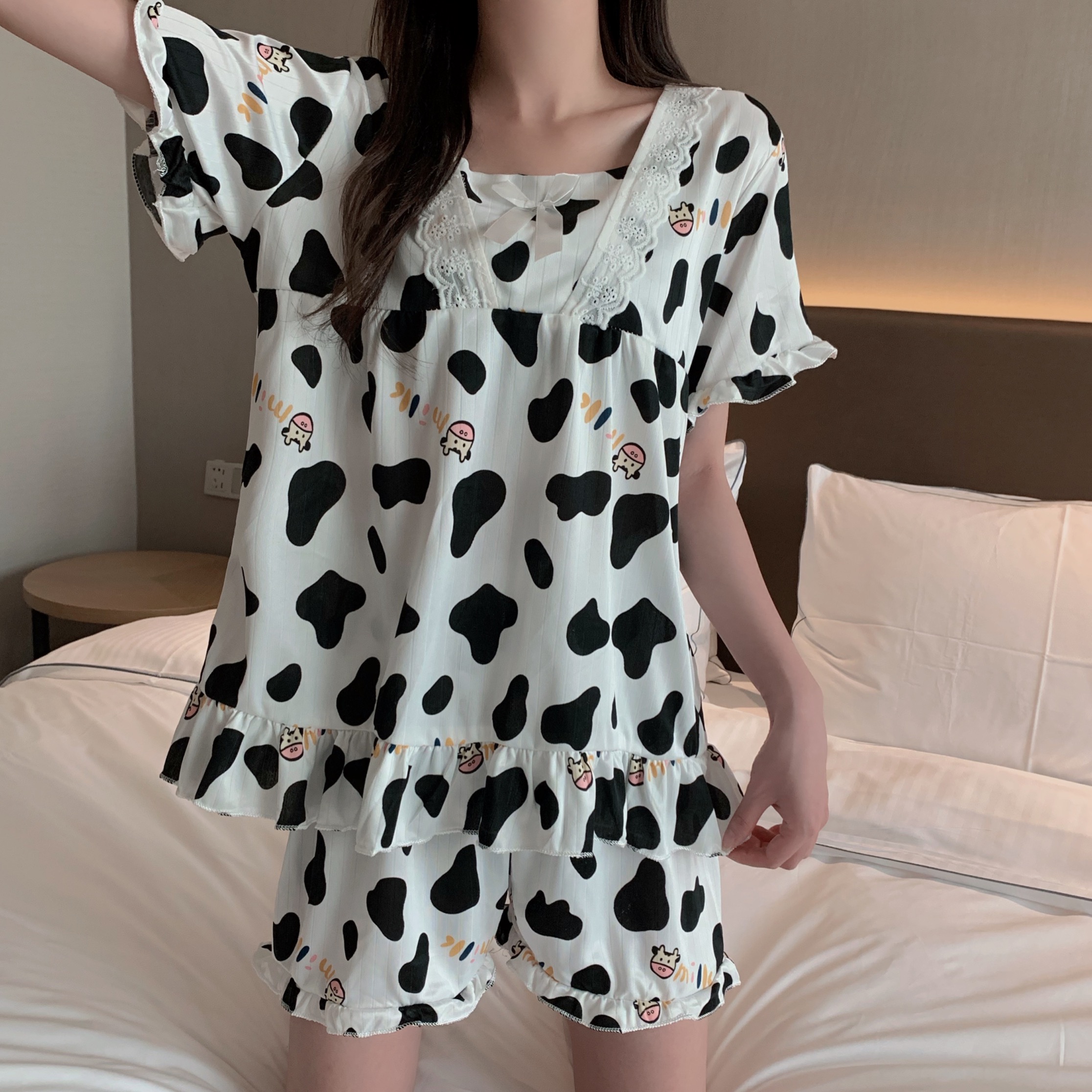 South Korean style cow pajamas women's summer two piece set of thin cotton home suit