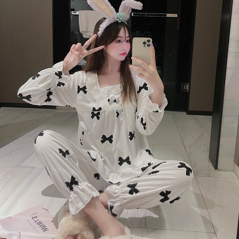 Real shot ~ real price autumn and winter net red and white bow printed pajamas leisure home clothes two-piece suit female