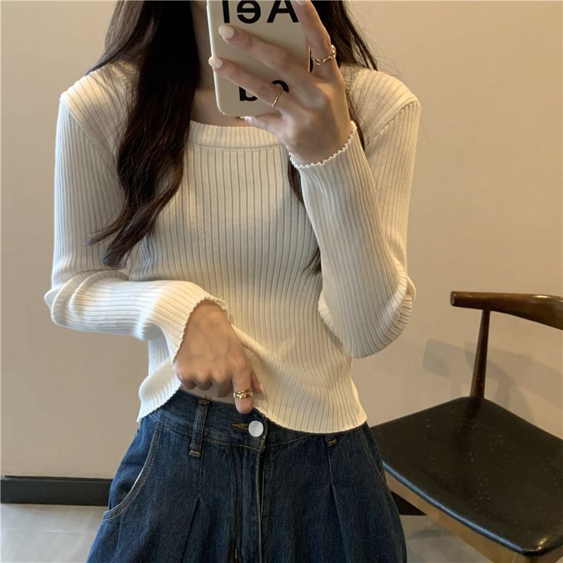 Real shooting real price autumn versatile long sleeve slim fit pure color knitted bottomed top