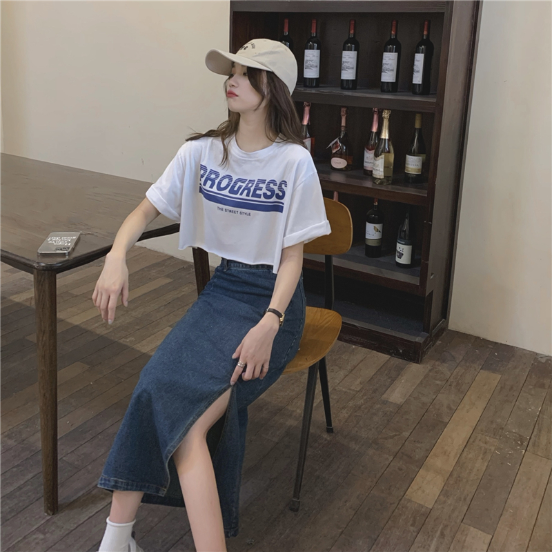 Real price loose half sleeve short T-Shirt Top + high waist medium length crotch covered split A-line denim skirt