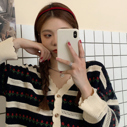 Real price photo knitted cardigan spring and autumn stripe V-neck loose Korean sweater jacket