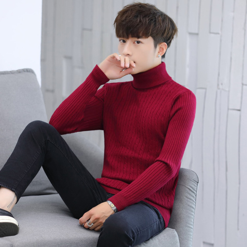 High-collar men's sweater, pure-color bottom shirt, slim knitted sweater