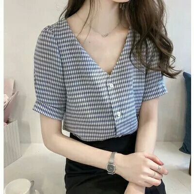 Summer new small fresh collar Plaid Shirt women's short top loose thin temperament Han Fan shirt
