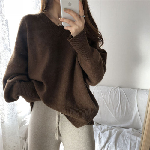 Lazy wind V-Neck Sweater for women loose and thin lazy wind spring and autumn wear knitted bottomed shirt outside and top inside